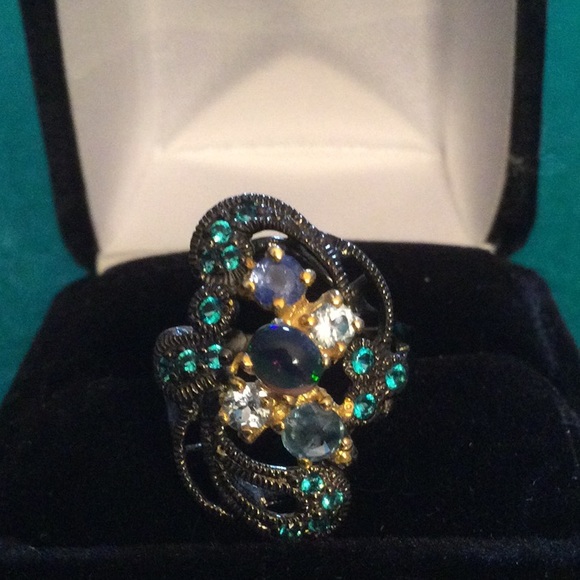 Atlanta Gem & Mineral Show Jewelry - Genuine Black Opal Ring With Sapphires
